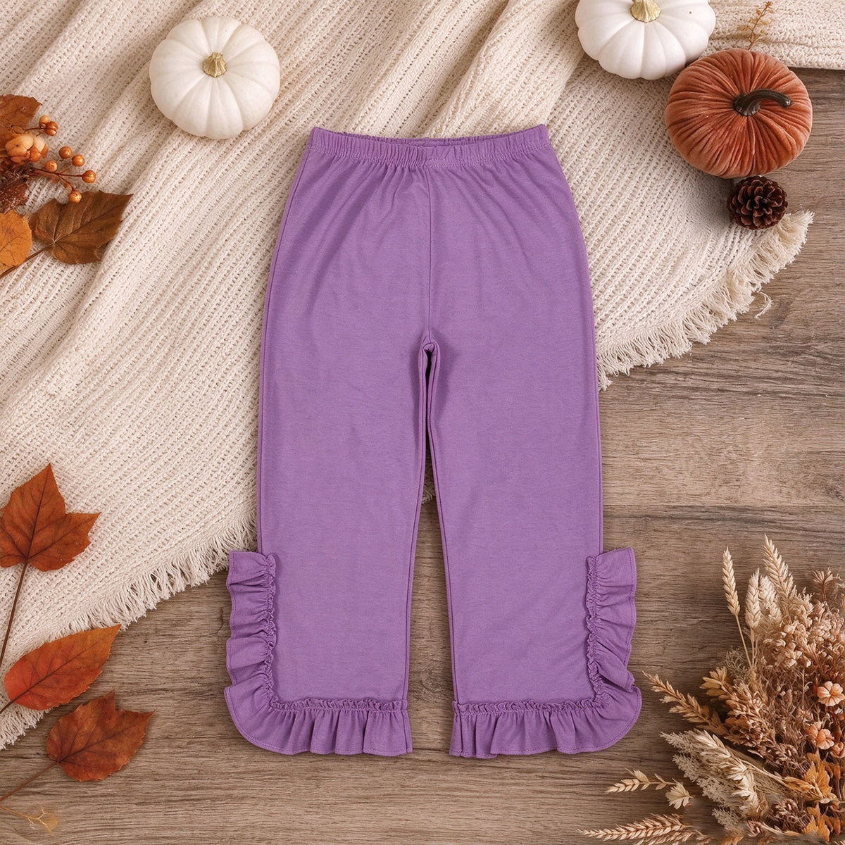 NEW RTS NO MOQ cotton P1162 Baby Girls Lavender Ruffle Flare Pants Fall Casual Flared Bottom