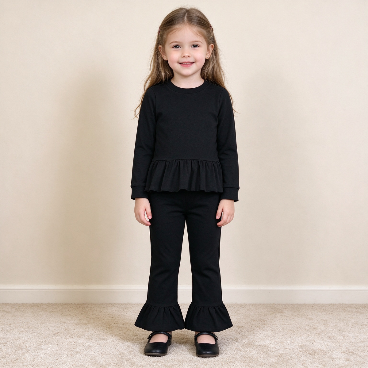 NEW RTS NO MOQ cotton GLP3885 Baby Girls Black Long Sleeve Tunic Ruffle Pant Set