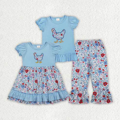 RTS NO MOQ Sibling Baby Girls Floral Embroidery Chick Ruffle Pants Farm Themed Knee-Length Dress Set Cute Children's Outfit