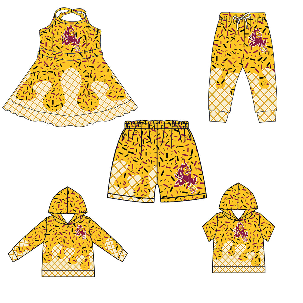 Custom summer teams baby girls clothes team yellow hooded long sleeve tops and short sleeve top and dress and pants and shorts-25.6.2