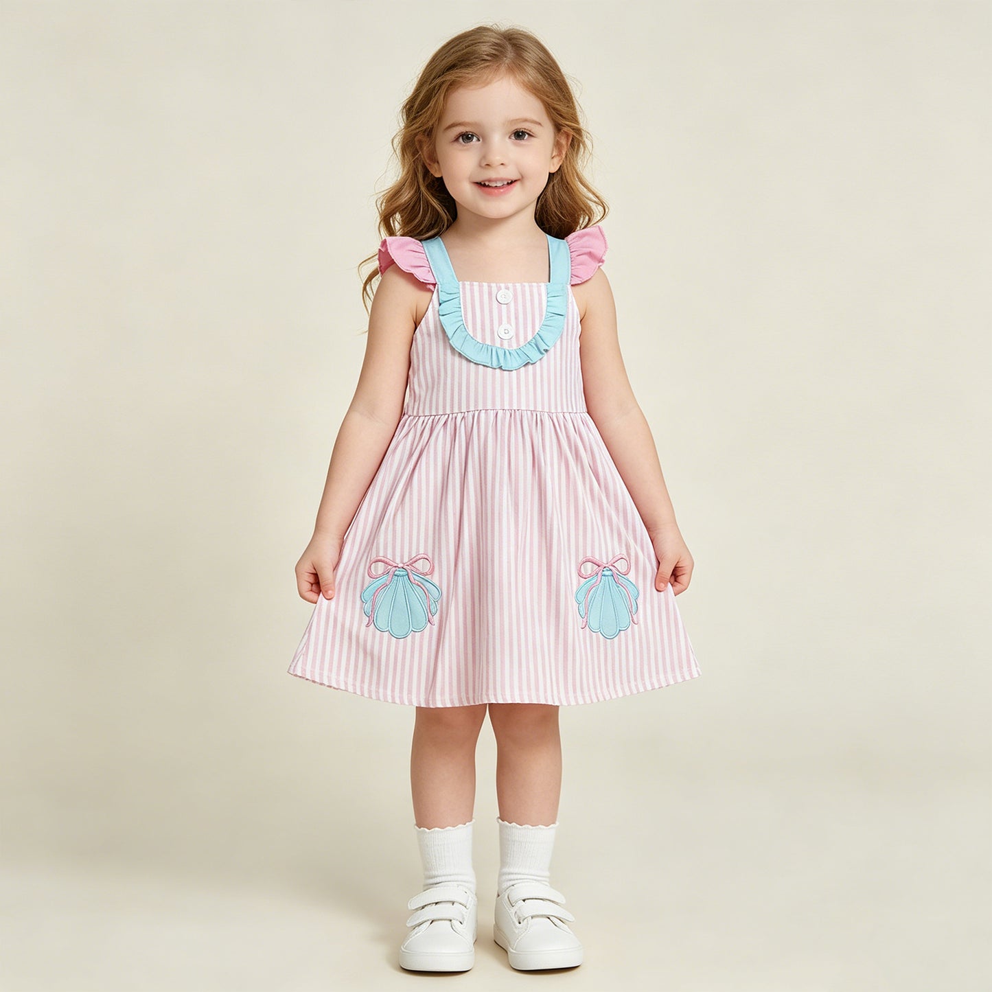 RTS NO MOQ milk silk GSD3958 Baby Girls Embroidery Pink Stripe Button Bows Pockets Knee Length Dresses