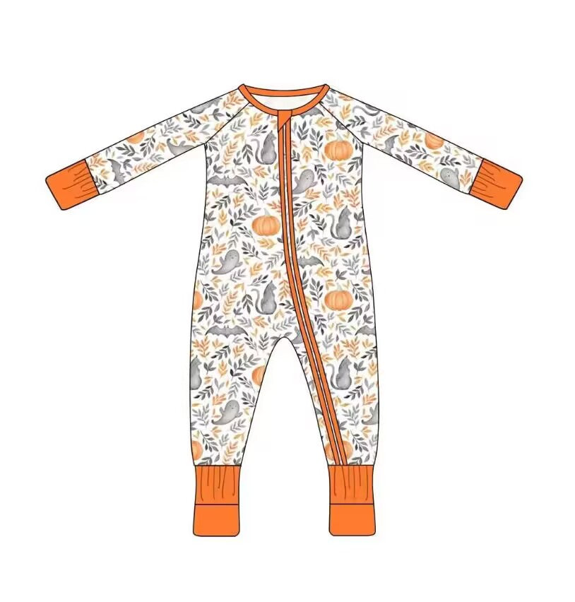 5.9custom each style moq 5eta 4-5week Sibling Sister Halloween Pumpkin Leaf Ghost prints orange girls and boys outfits and baby rompers match family design