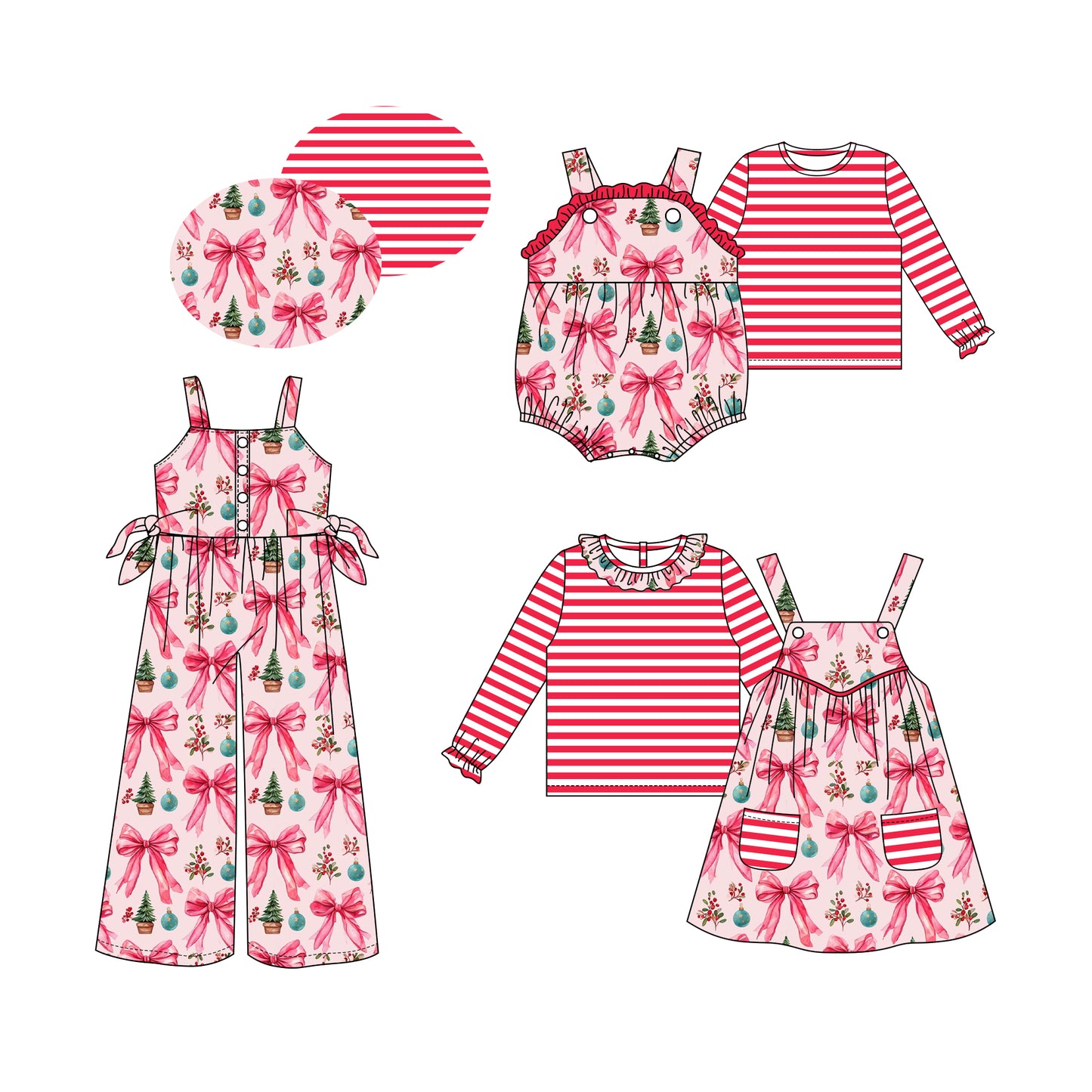 25.5.26 custom each style moq 5eta 4-6week Sibling Sisters Christmas bow baby girls short sleeve dress and short sleeve rompers and top 1 and top 2 and jumpsuit match family design