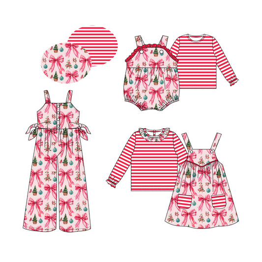 25.5.26 custom each style moq 5eta 4-6week Sibling Sisters Christmas bow baby girls short sleeve dress and short sleeve rompers and top 1 and top 2 and jumpsuit match family design