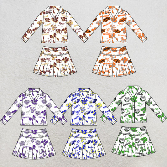 custom moq 5 mix size XY072406 Baby Girls Summer Bow Print Long Sleeve Top Pleated Skirt Two Piece Team Yoga Outfit Set
