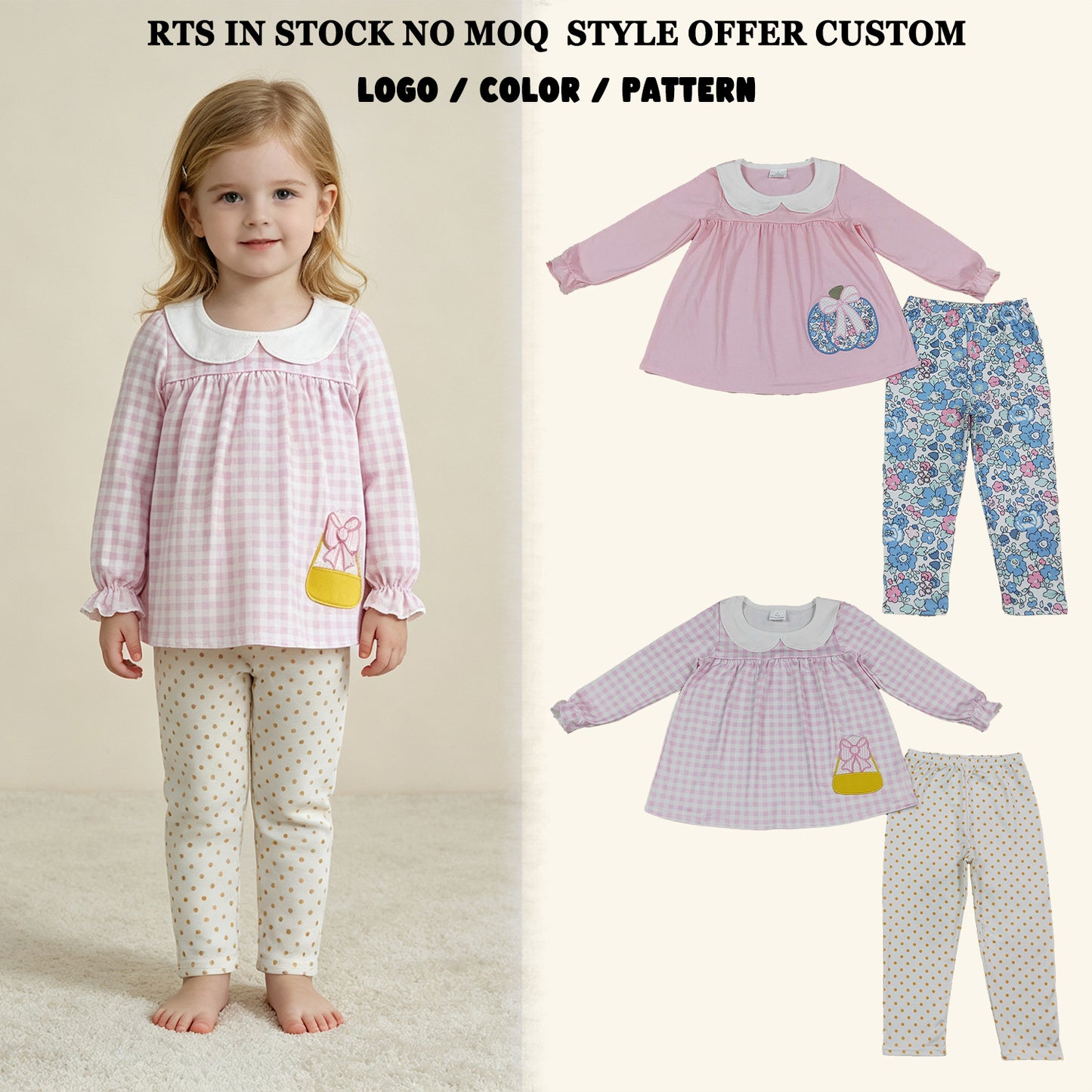 RTS NO MOQ Sibling milk silk Embroidery Baby Girls Long Sleeve Tunic Leggings Halloween Clothes Set
