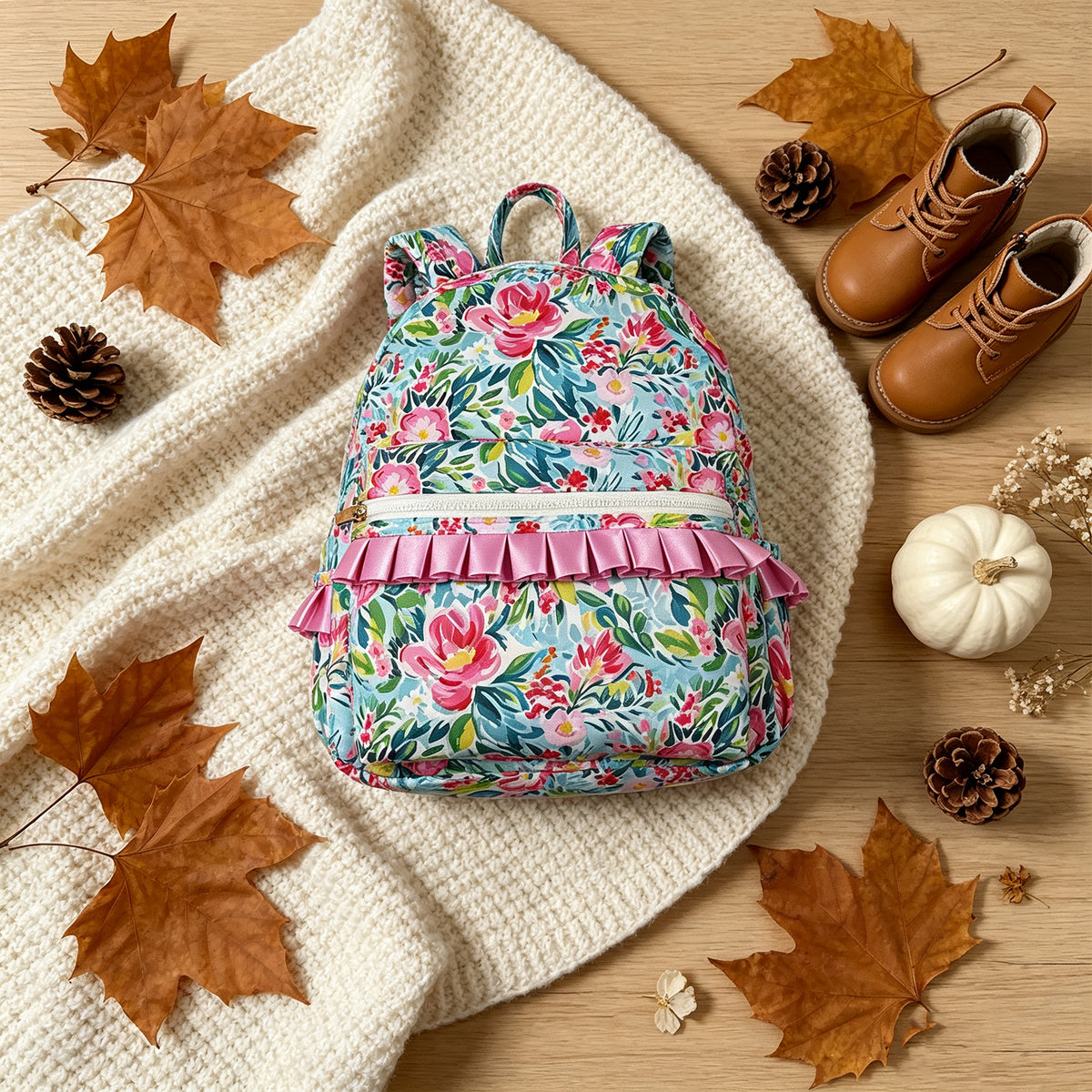 NEW RTS NO MOQ Bags BA0176 Kids Girls Green Pink Flowers Print Backpack Back Bags