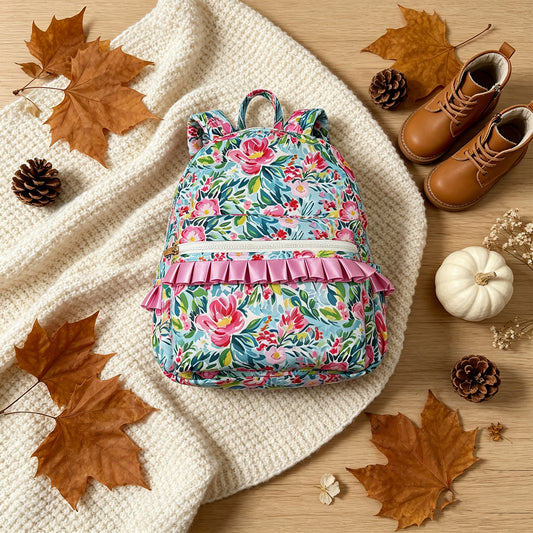 NEW RTS NO MOQ Bags BA0176 Kids Girls Green Pink Flowers Print Backpack Back Bags