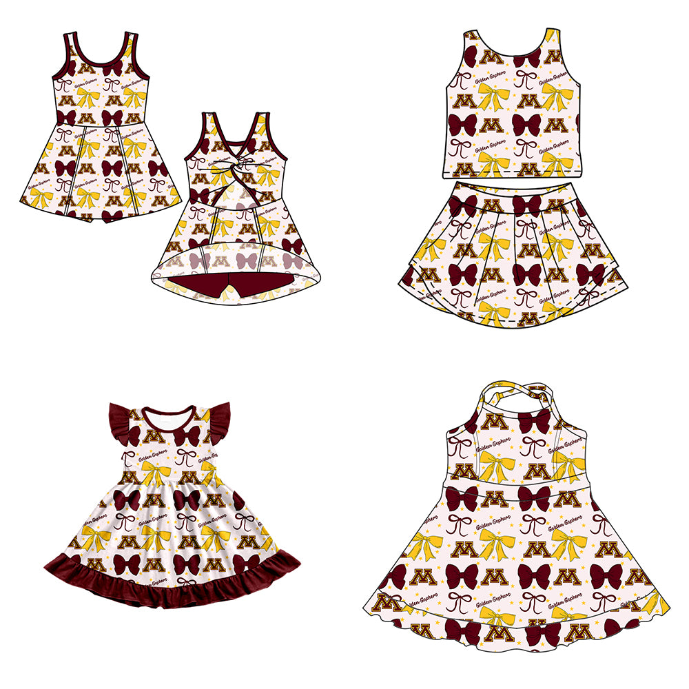 Custom moq 5 mix size milk silk summer teams baby girls clothes team bow brick red sleeveless skirts sets and dress 1 and dress 2 and dress 3-25.6.26