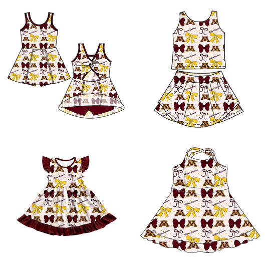 Custom moq 5 mix size milk silk summer teams baby girls clothes team bow brick red sleeveless skirts sets and dress 1 and dress 2 and dress 3-25.6.26
