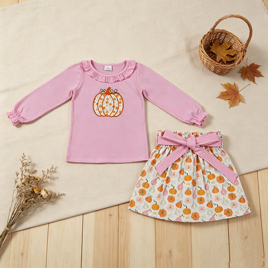 NEW RTS NO MOQ milk silk GLD1641 Embroidery Baby Girls Fall Pumpkin Long Sleeve Tunic Top Bow Short Skirt Outfit Set