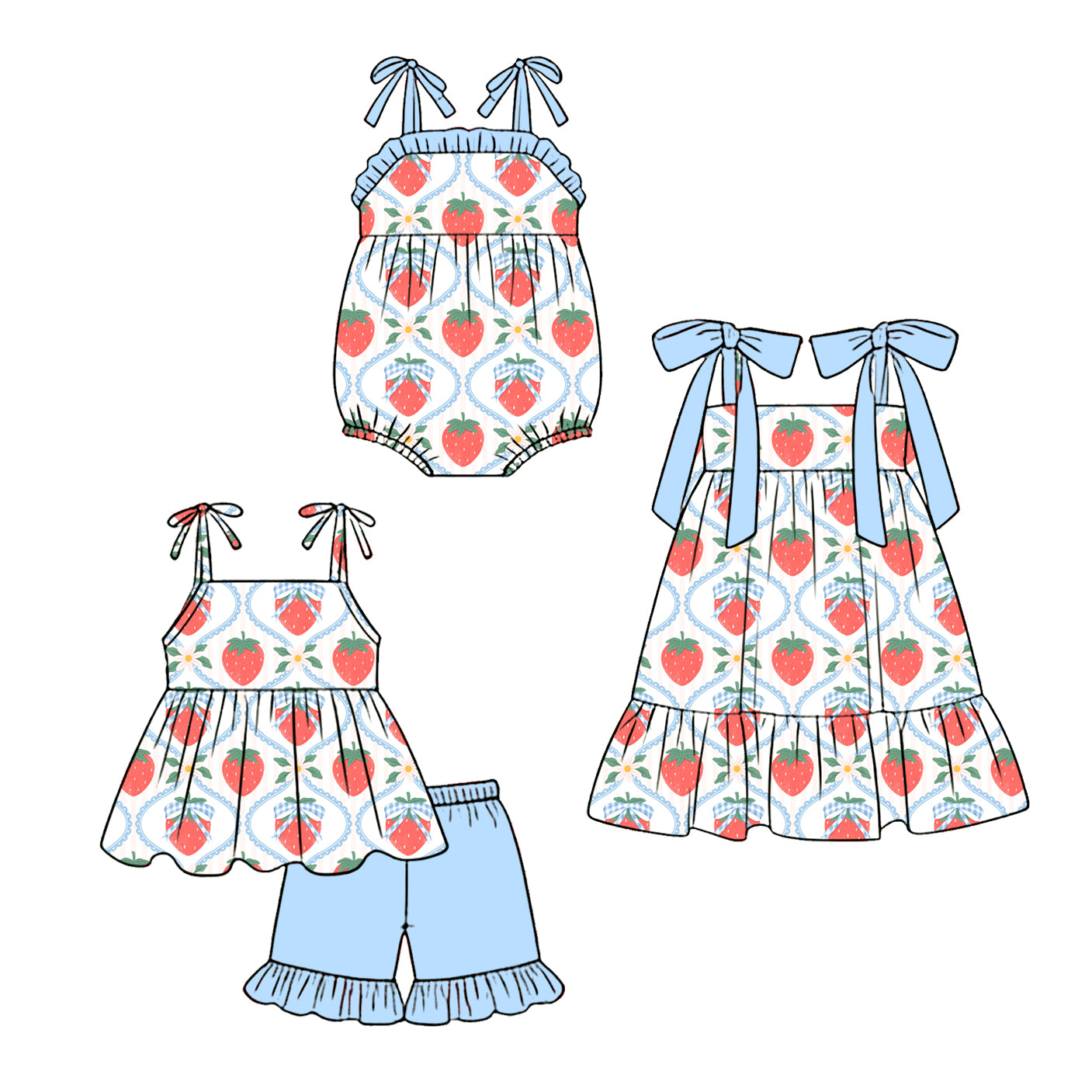 3.28 Custom moq 5 mix size Sibling Baby Girl's Strawberry Strap Top And Short Set Cute Romper Dress for Summer