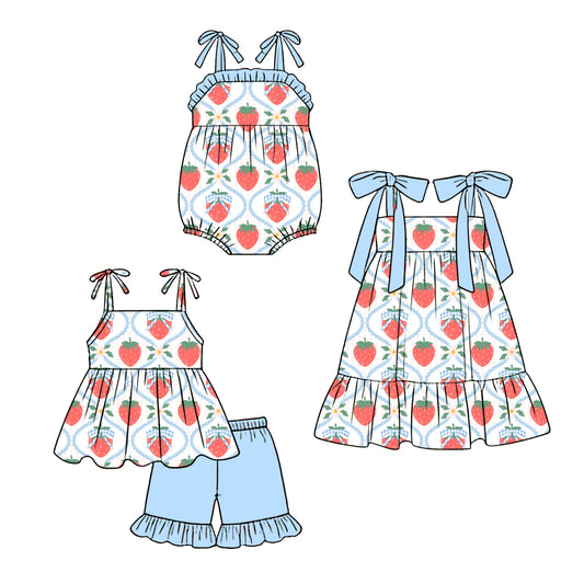 3.28 Custom moq 5 mix size Sibling Baby Girl's Strawberry Strap Top And Short Set Cute Romper Dress for Summer