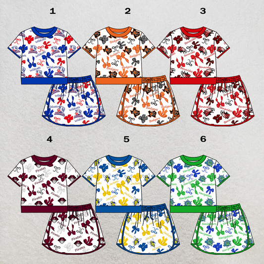 custom moq 5 mix size XY070206 Baby Girls Bow Short Sleeve Short Skort Outfit Set