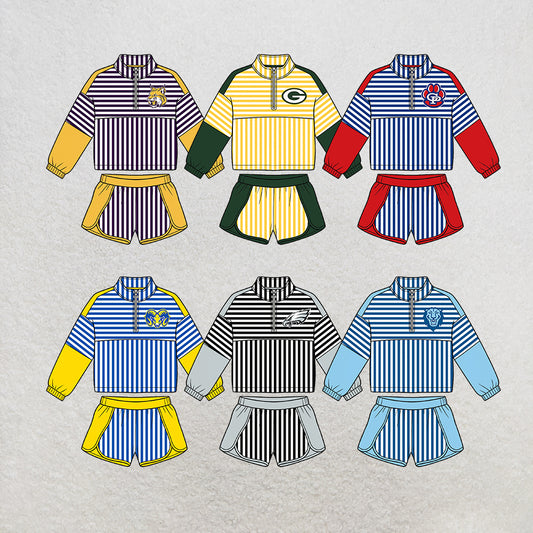 custom moq 5 mix size MSD072406 Baby Girls Stripe Zip Pullover Long Sleeve Top Shorts Team Sets