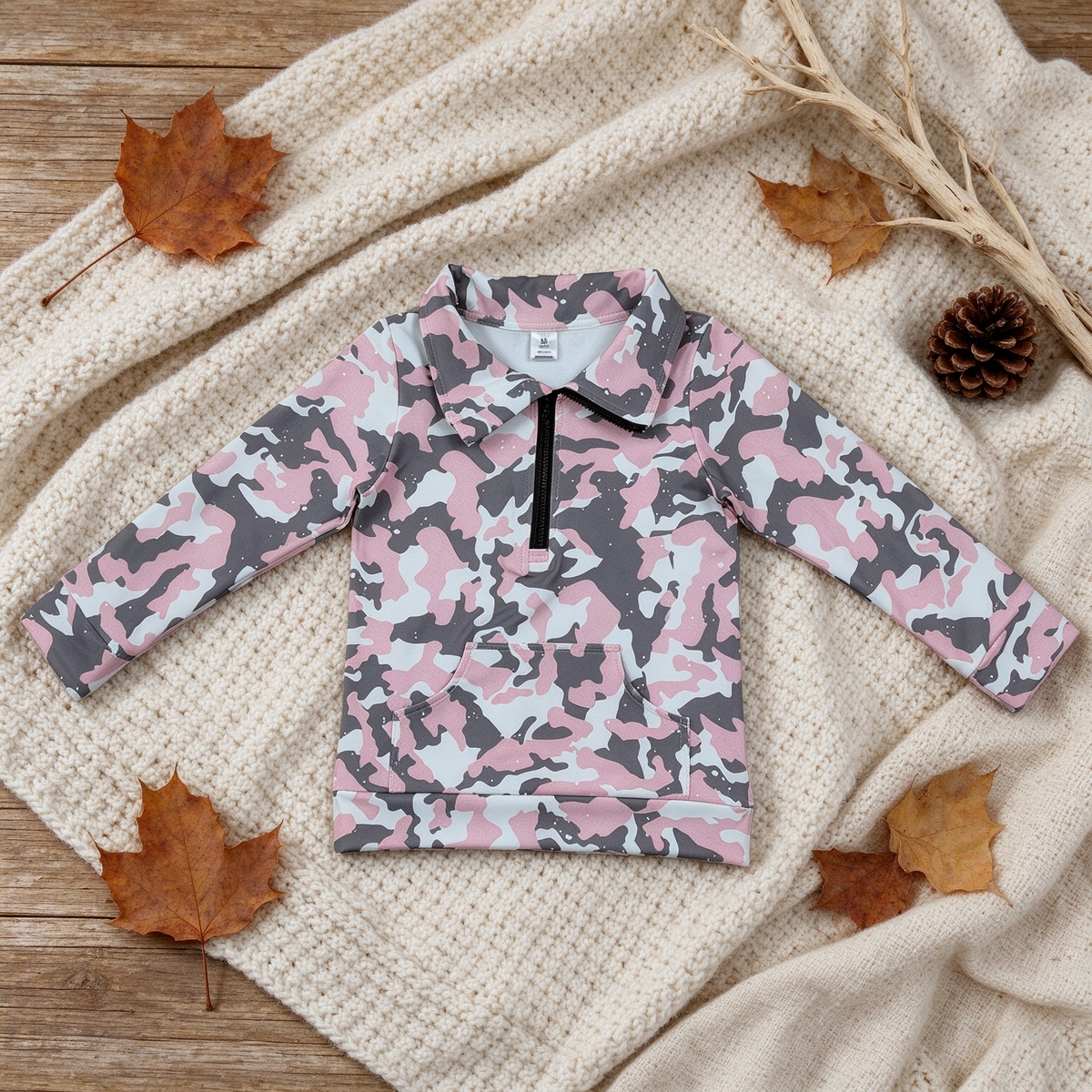 NEW RTS NO MOQ yoga fabric GT1178 Yoga Baby Girls Pink Gray Camo Pockets Zipper Yoga Pullovers Top