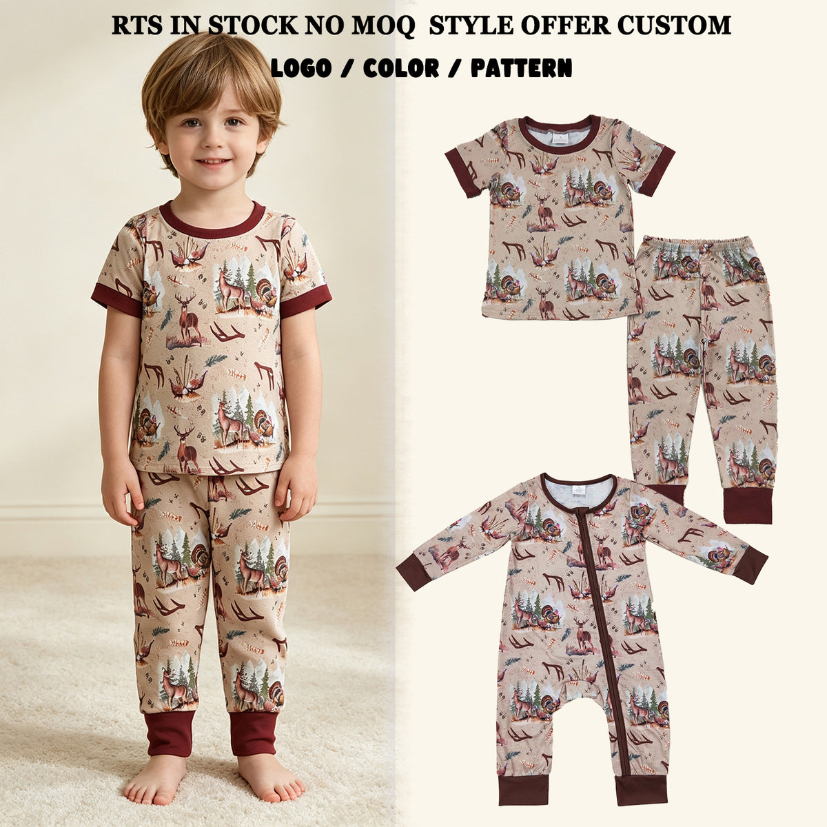 RTS NO MOQ Sibling milk silk Baby Boys Short Sleeve Deer Turkey Print Top Pant Pajamas Sets Rompers