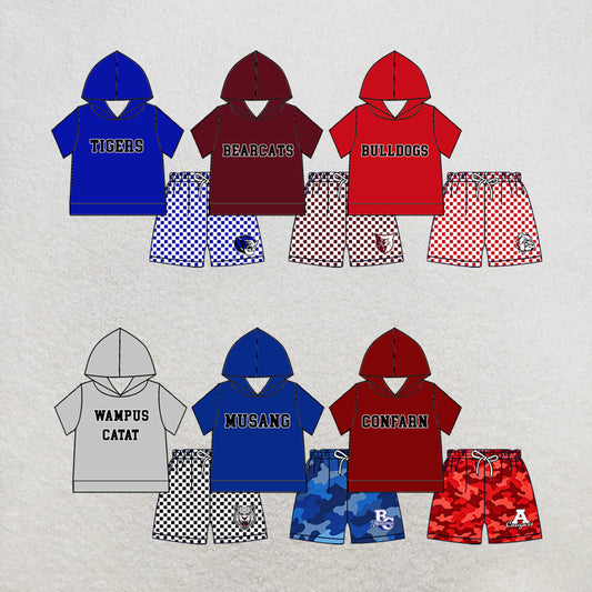 custom moq 5 mix size MSD070606 Baby Kids Short Sleeve Hooded Top And Elastic Waist Shorts Clothes Set
