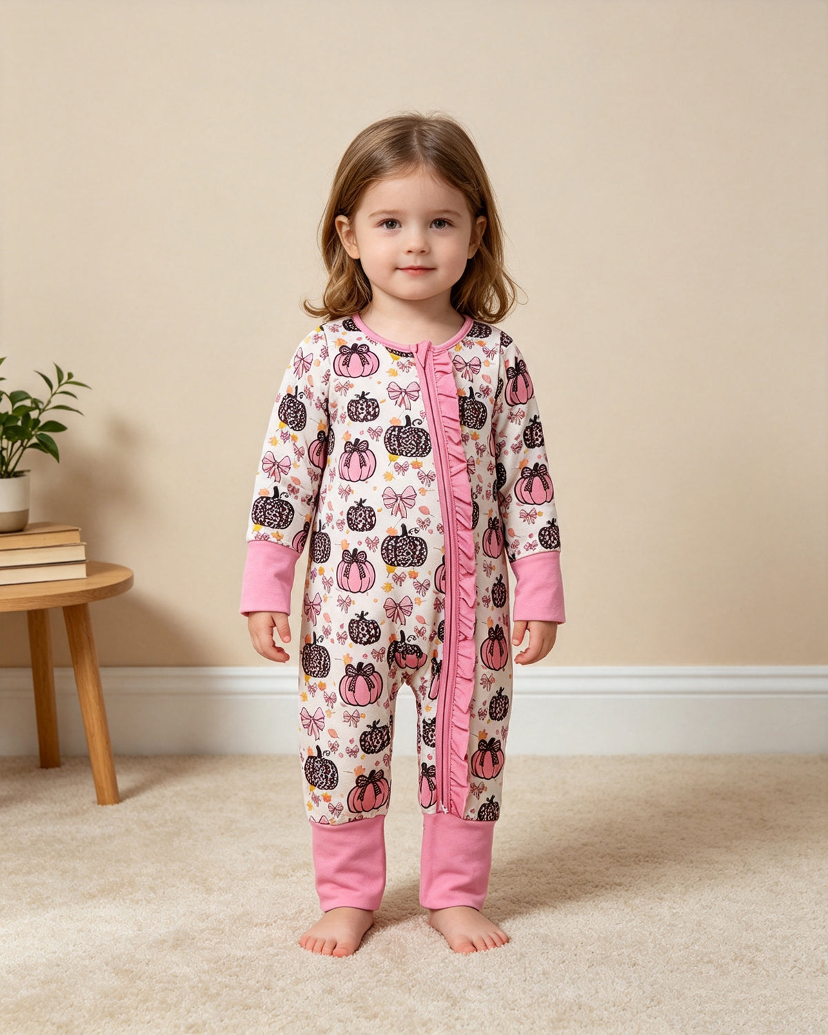 NEW RTS NO MOQ milk silk LR3061 Baby Girls Pink Bow Leopard Pumpkin Print Long Sleeve Zip Ruffle Romper