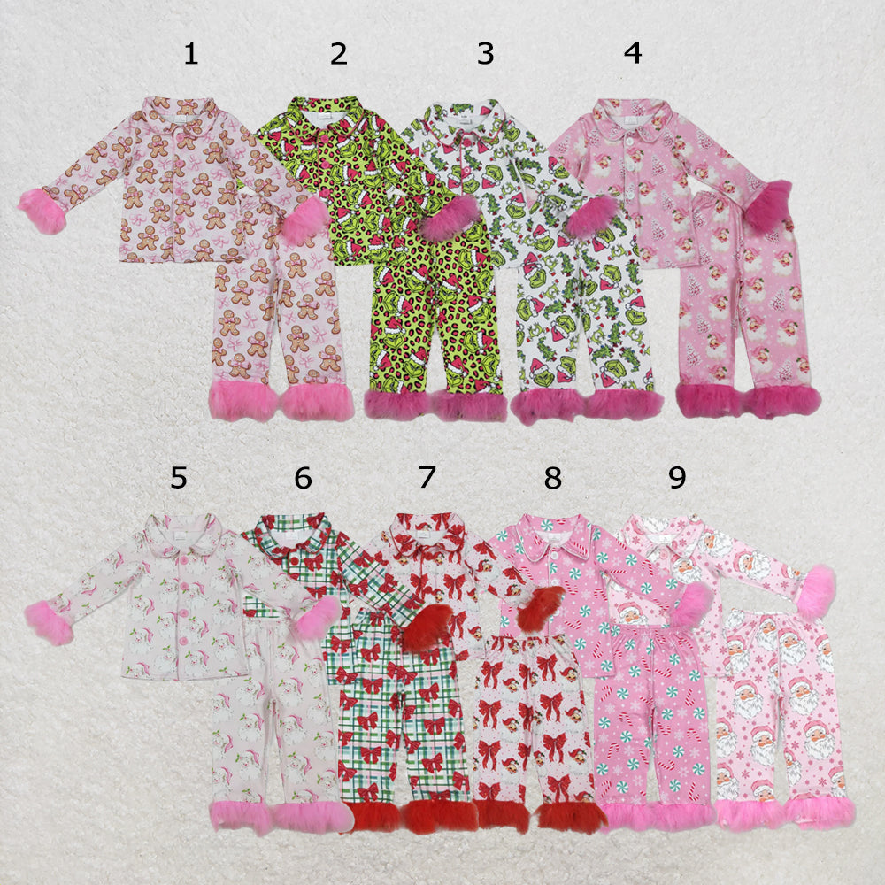 RTS NO MOQ Sibling milk silk Baby Girls Pink Fur Gingerbread Button Top Pants Christmas Pajamas Set