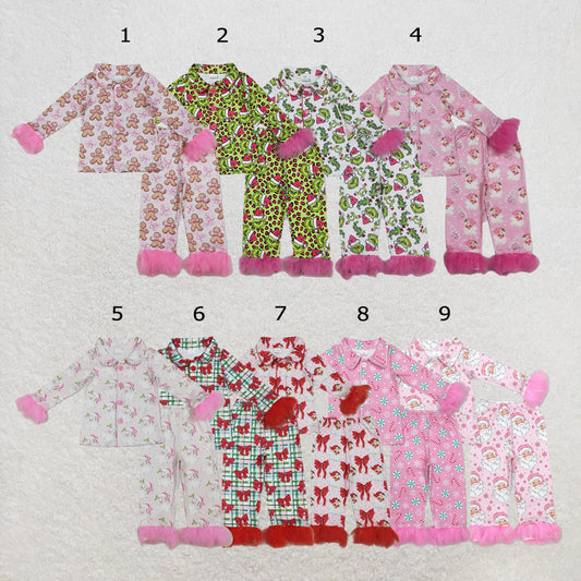 RTS NO MOQ Sibling milk silk Baby Girls Pink Fur Gingerbread Button Top Pants Christmas Pajamas Set