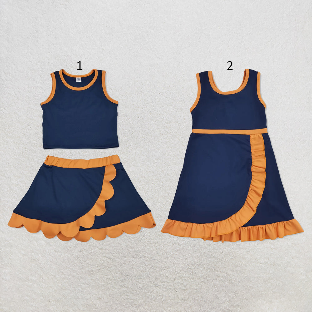 RTS NO MOQ Sibling cotton Baby Girls Navy Orange Sleeveless Vest Scallop Skirt Yoga Active Set Short Knee Length Dress