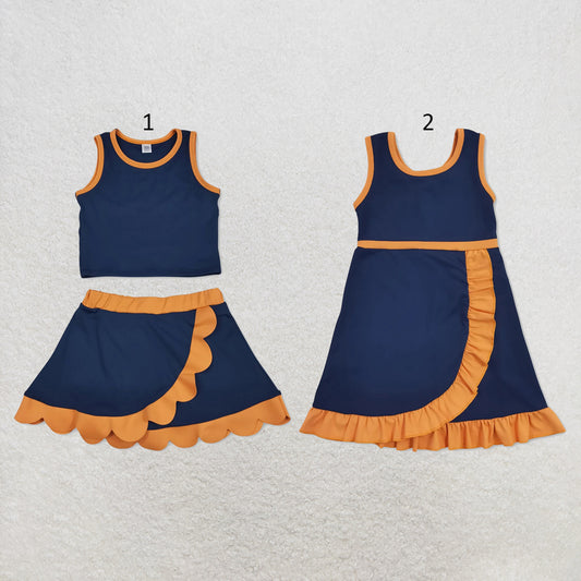 RTS NO MOQ Sibling yoga fabric cotton Baby Girls Navy Orange Sleeveless Vest Scallop Skirt Yoga Active Set Short Knee Length Dress