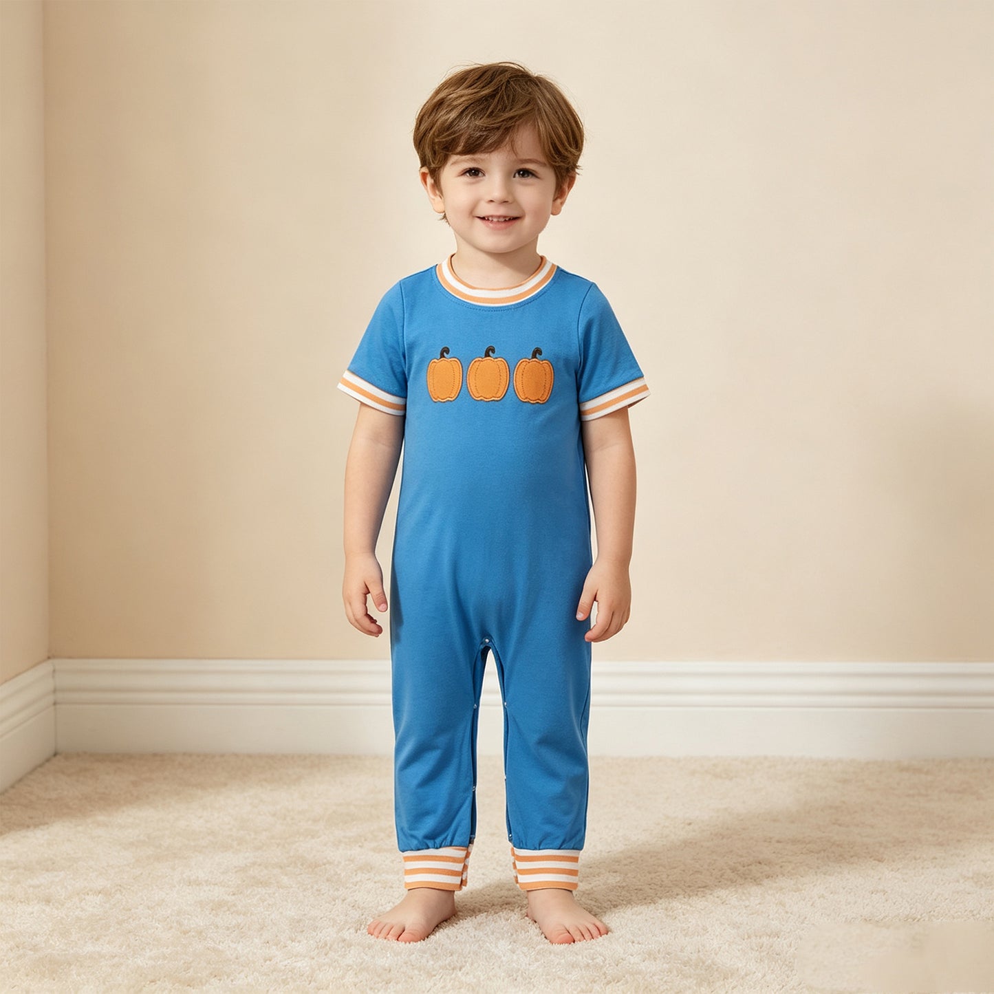NEW RTS NO MOQ milk silk SR4285 Embroidery Baby Boys Blue Short Sleeve Pumpkin Print Fall Romper