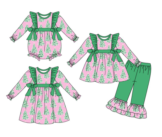 25.5.20 custom each style moq 5eta 4-6week Sibling Sisters Christmas trees baby girl long sleeve pants sets and dress and rompers match family design