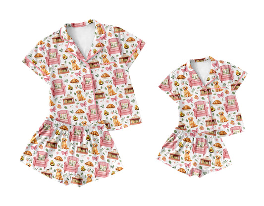 3.21 custom each style moq 5eta 4-6week Sibling Sister bow puppy short sleeve shorts sets and adult sets match design