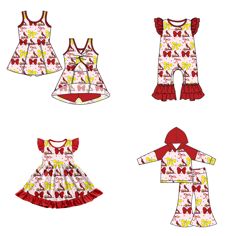 Custom moq 5 mix size milk silk summer teams baby girls clothes team bow red long sleeve hooded pants sets and dress 1 and dress 2 and romper-25.6.16
