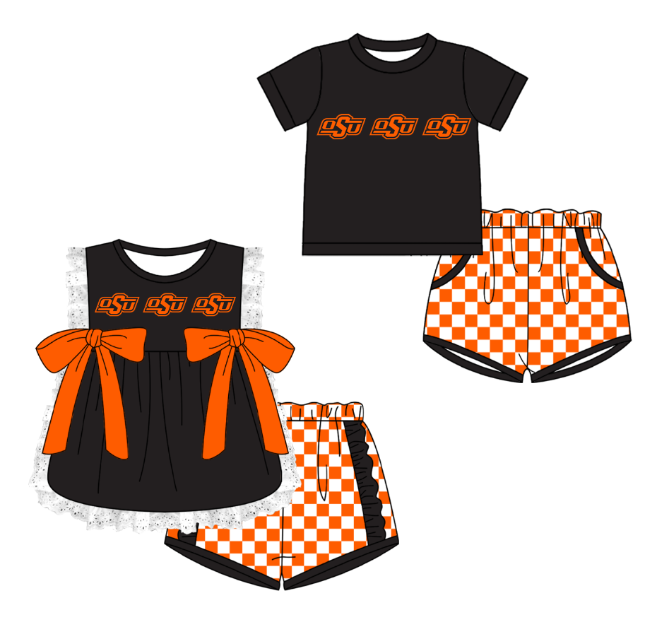 Custom moq 5 mix size milk silk summer teams Black Girl Sleeveless Top And Plaid Shorts Set with Bow Boy Short Sleeved Top And Plaid Shorts Set