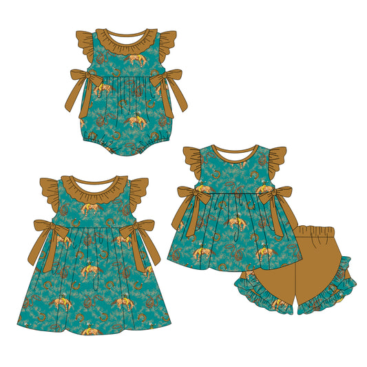 4.16 custom each style moq 5eta 4-6week Sibling Sisters riding horse baby girl short sleeve shorts sets and dress and rompers match family design