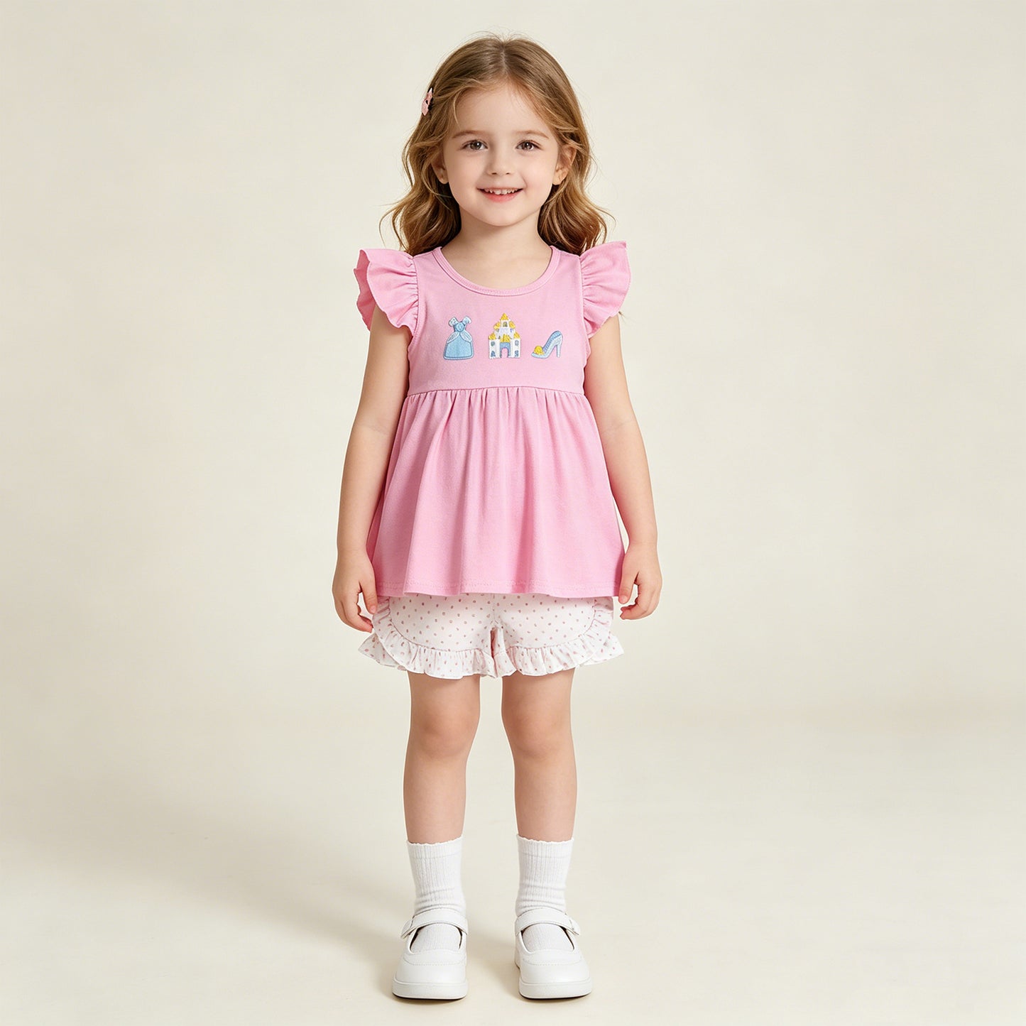 RTS NO MOQ GSSO1186 Cute Clothes Baby Girls Cute Embroidery Flutter Sleeve Tunic Short Set