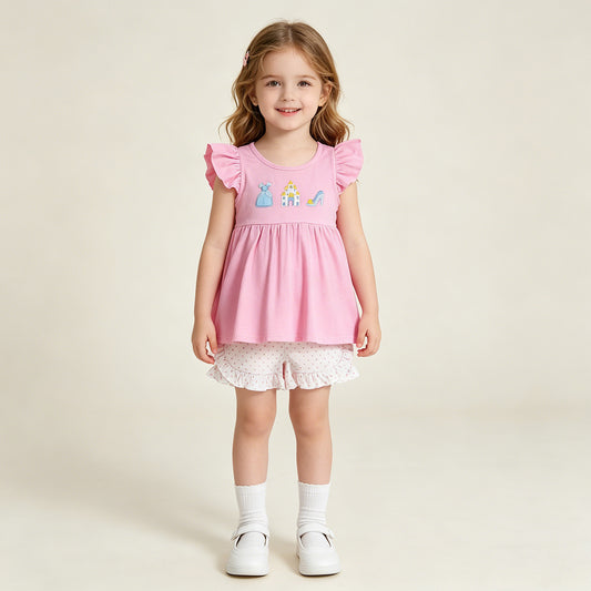 RTS NO MOQ GSSO1186 Cute Clothes Baby Girls Cute Embroidery Flutter Sleeve Tunic Short Set