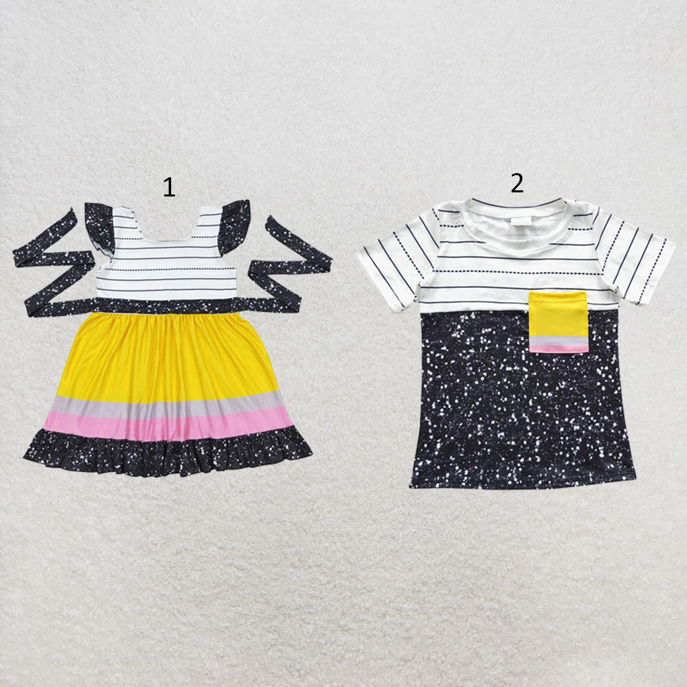 RTS NO MOQ Sibling milk silk Girls Belts Knee Length Dresses Boys Pencil Pocket Short Sleeve Shirts Tops Back To School Casual Outfit(2T-14-16T）