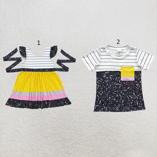 RTS NO MOQ Sibling milk silk Girls Belts Knee Length Dresses Boys Pencil Pocket Short Sleeve Shirts Tops Back To School Casual Outfit(2T-14-16T）
