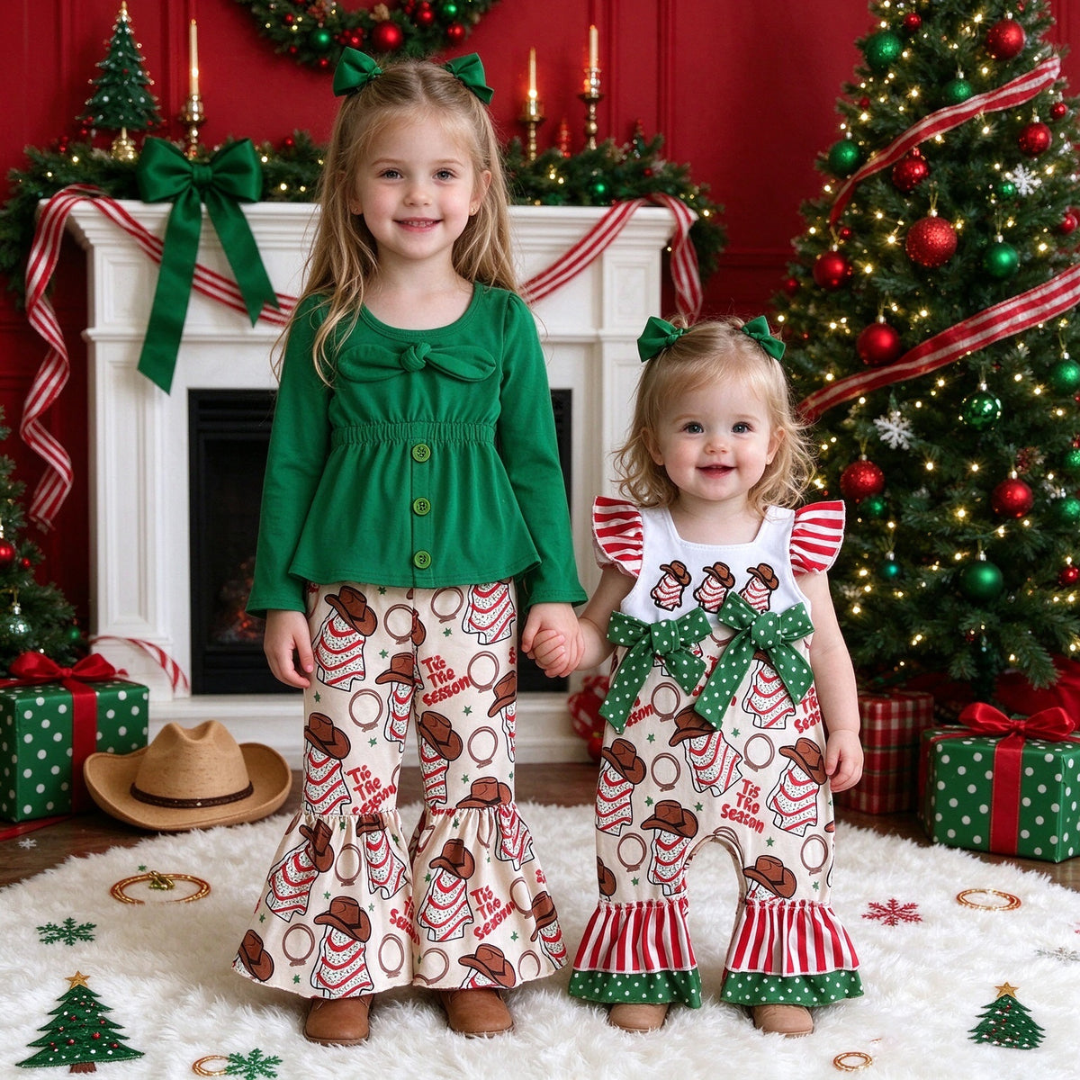Girls Western Christmas Cake Sister Matching Outfit, Toddler Set & Baby Romper