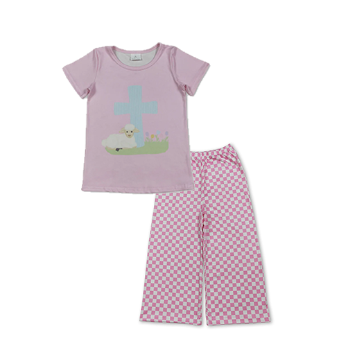 RTS NO MOQ milk silk GT1394+P1018 Baby Girls Pink Short Sleeve Cross Sheep Easter T-shirts Top