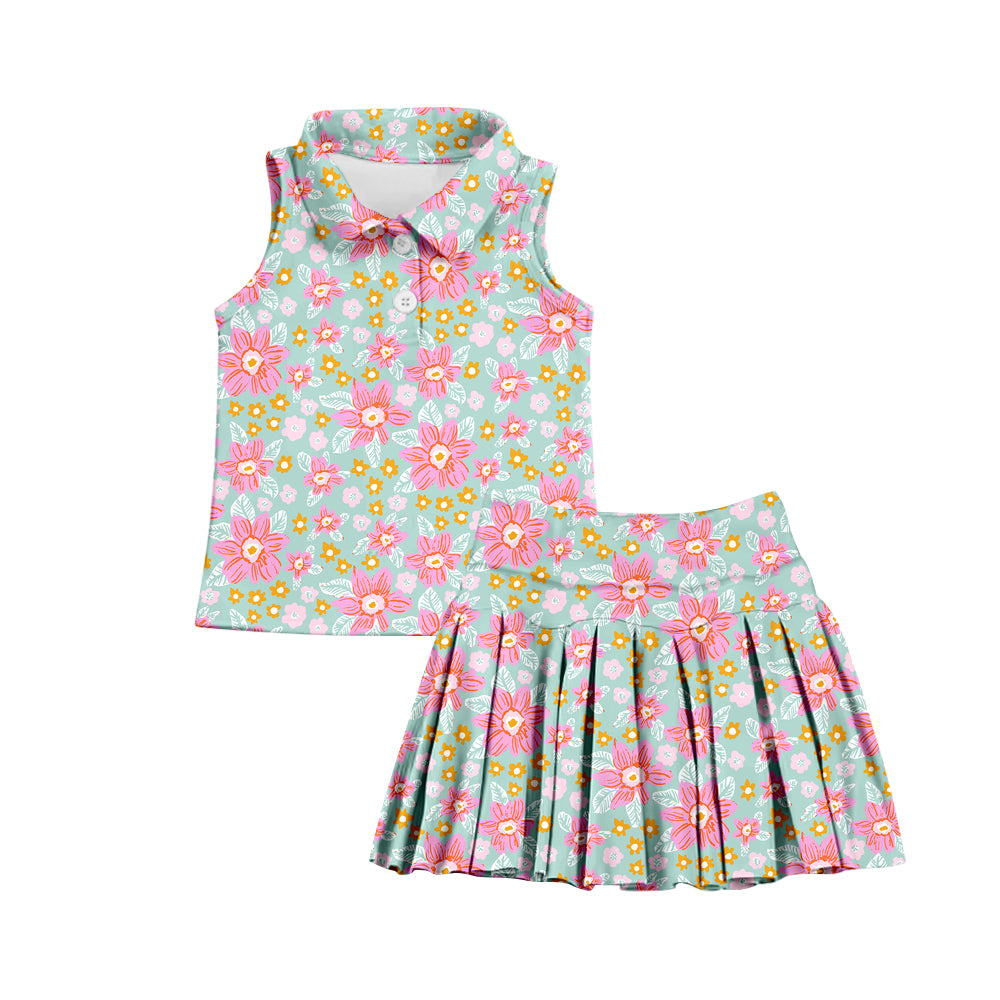 7.2 custom each style moq 5eta 4-6week pink floral baby girls clothes Yoga Wear girls sets and sleeveless dress