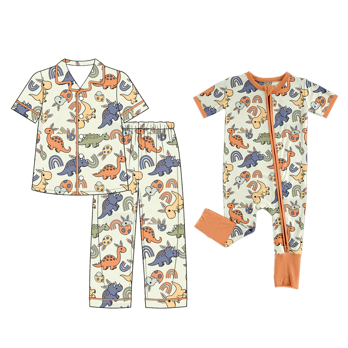 (Preorder new) No moq Baby Boys Kids Dinosaur Rainbow Print Button Down Short Sleeve Pajama Set Romper
