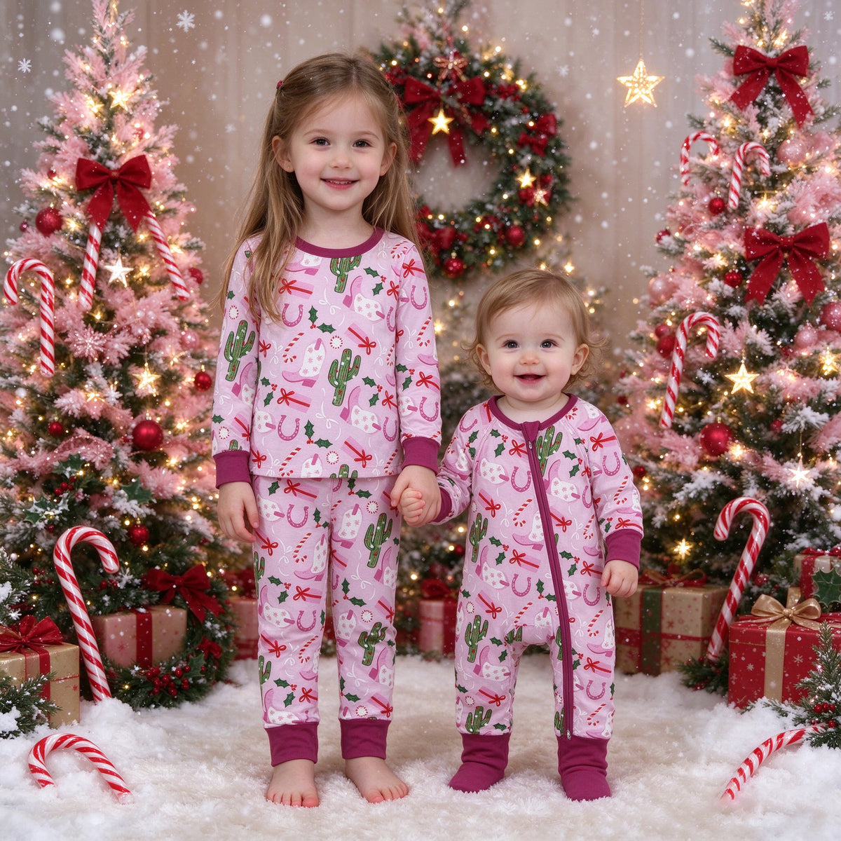 Baby Girls Pink Cactus Christmas Collection - Pajama Set & Zipper Romper