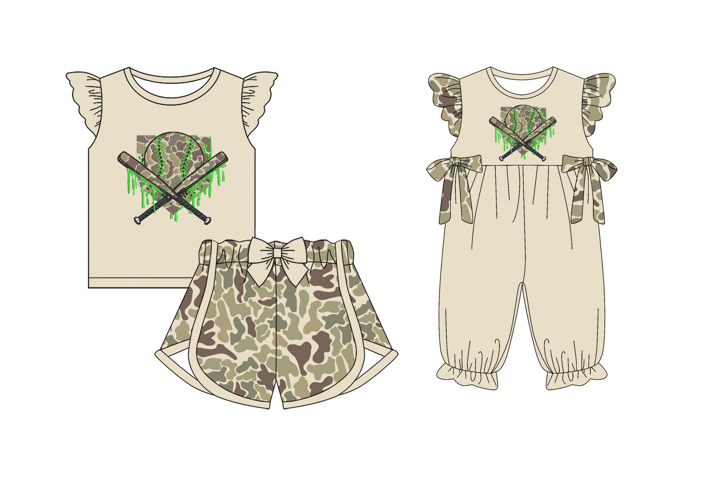 25.12.6 custom each style moq 5 eta 6-8week Sibling Sister baseball camouflage baby girl short sleeve shorts sets and romper match design
