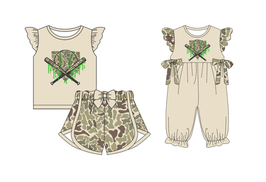 25.12.6 custom each style moq 5 eta 6-8week Sibling Sister baseball camouflage baby girl short sleeve shorts sets and romper match design
