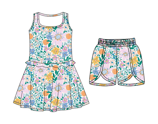 Custom moq 5 mix size Baby Girls Floral Print Sleeveless Dress with Elastic Waist Shorts