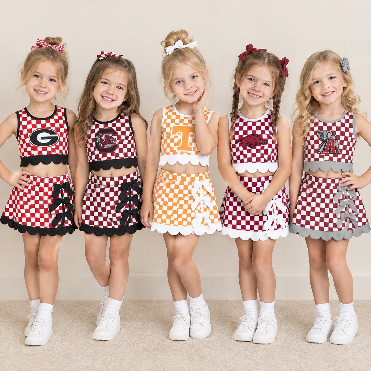 RTS NO MOQ Sibling yoga fabric Baby Girls Checked Print Bow Top Scallop Hem Short Skirt Team Set