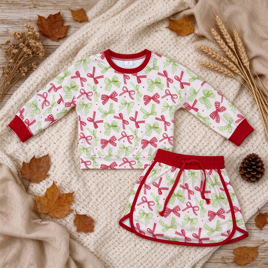 NEW RTS NO MOQ milk silk GLD1774 Baby Girls Bows Long Sleeve Top Skirt Short Casual Clothes Set
