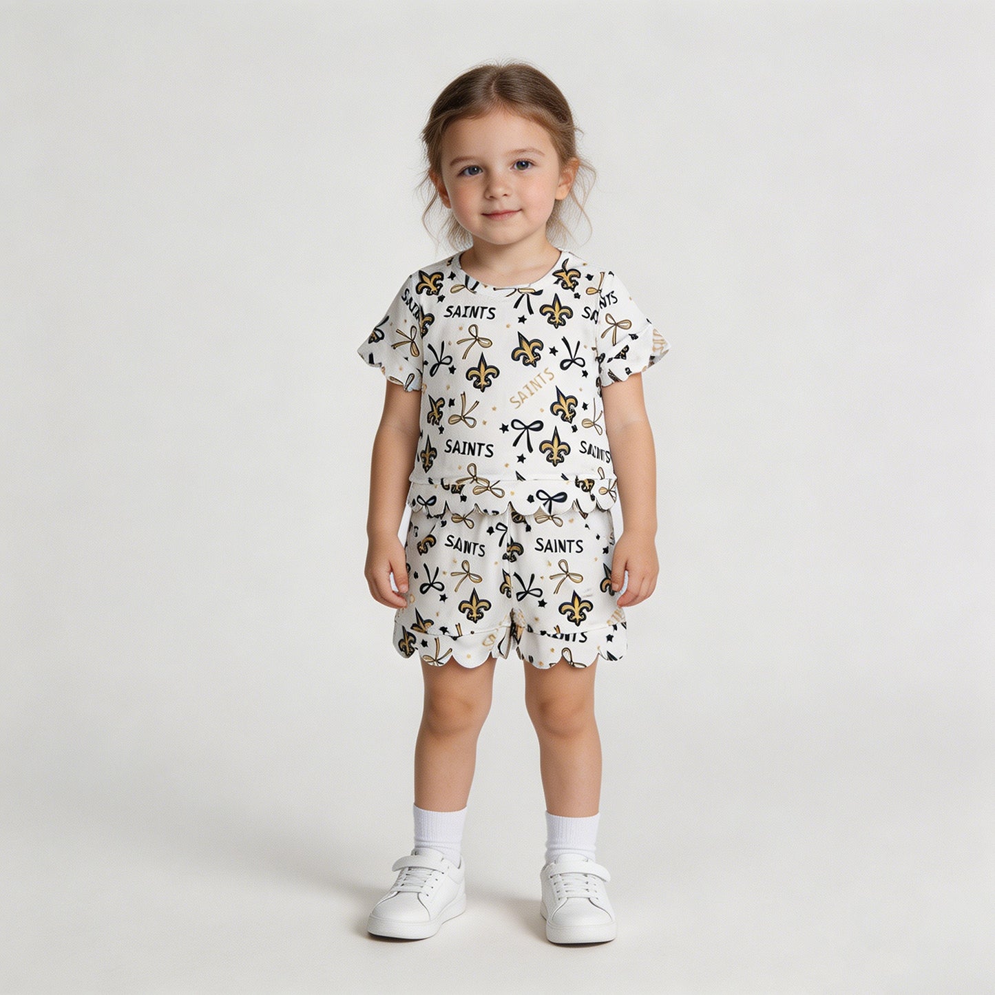 RTS NO MOQ milk silk GSSO3561 Baby Girls Star Bow Print Top Pocket Scallop Short Team Set