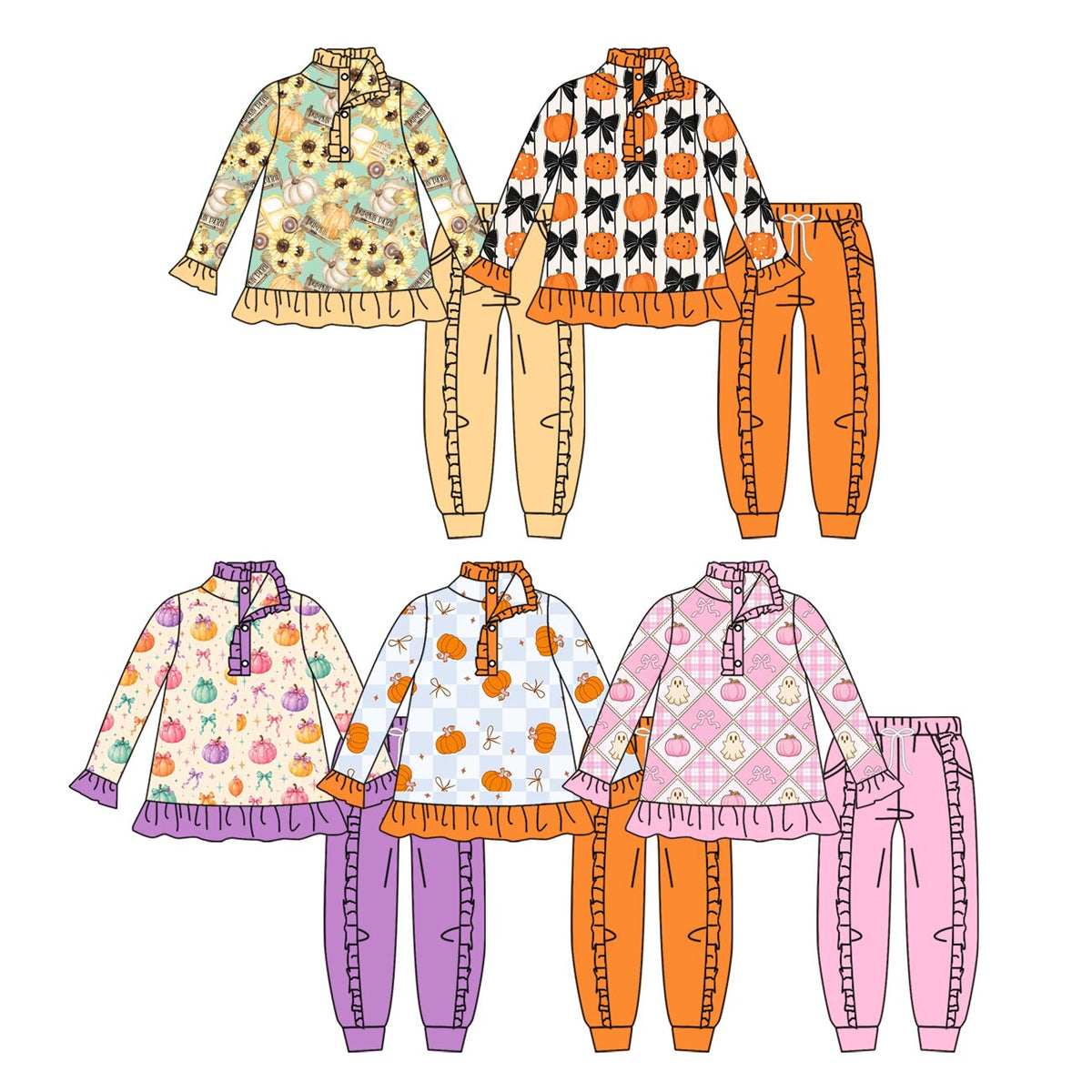 (Preorder new) No moq Baby Girls Fall Pumpkin Bow Checkerboard Print Long Sleeve Top Solid Ruffle Jogger Pant Autumn Outfit Set