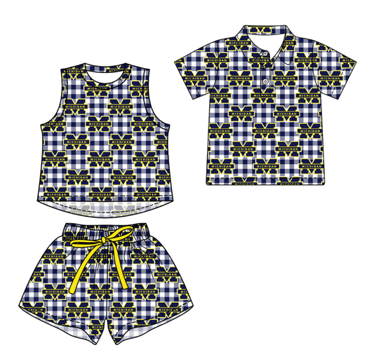 Custom moq 5 mix size milk silk summer teams Girls Sleeveless Checked Navy Blue Top And Short Sets Boys Checked Short Sleeve Button Polo Shirt Top